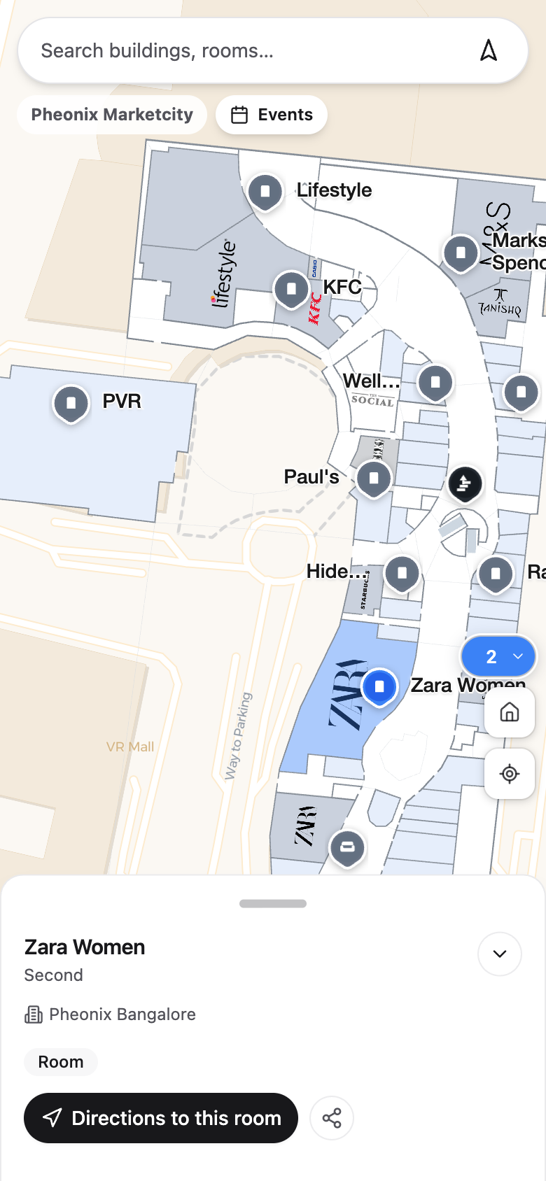 Waylocate on a phone: Zara Women selected with directions to this room