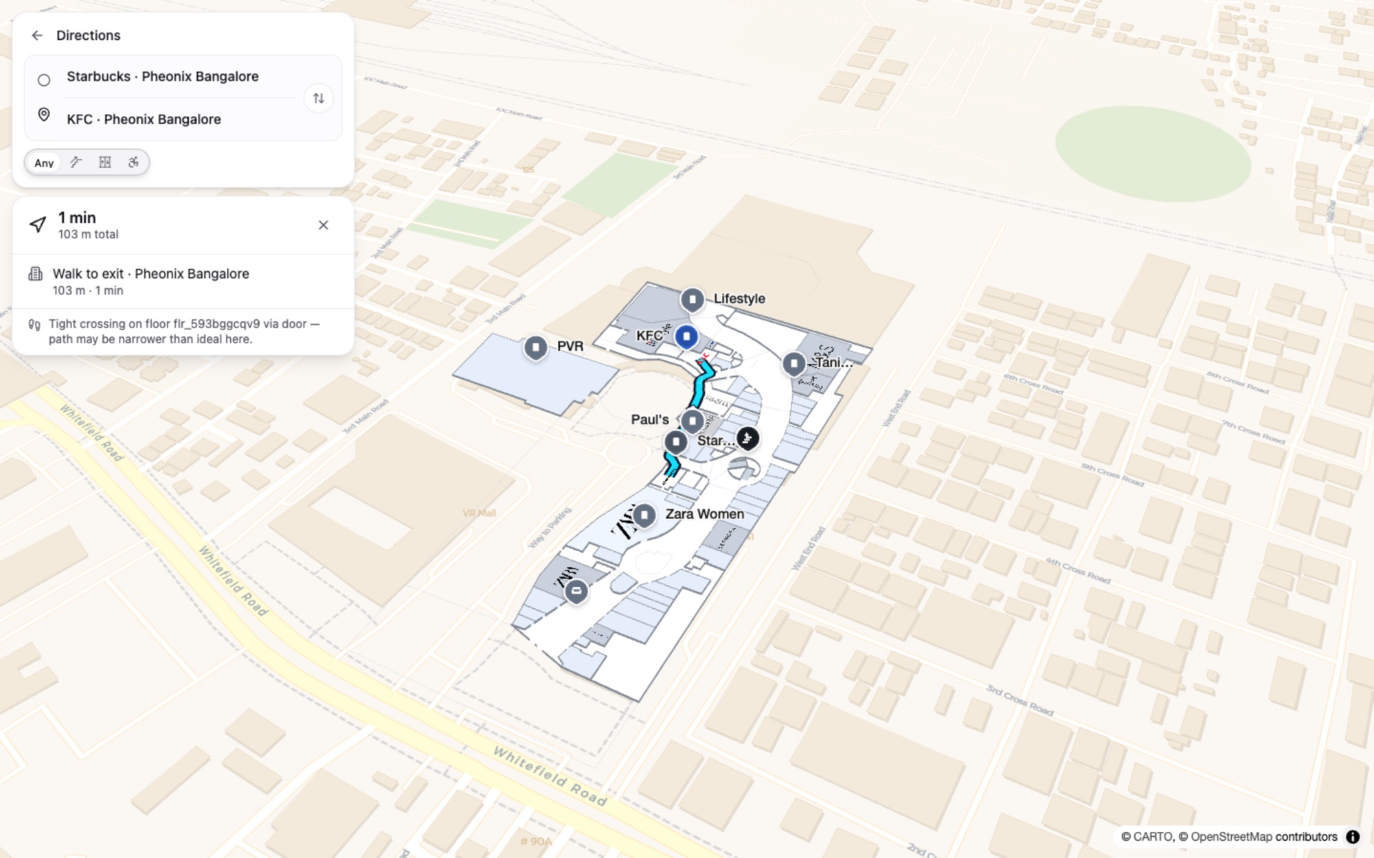 A live Starbucks to KFC route drawn turn by turn on Waylocate’s floorplan of Phoenix Marketcity